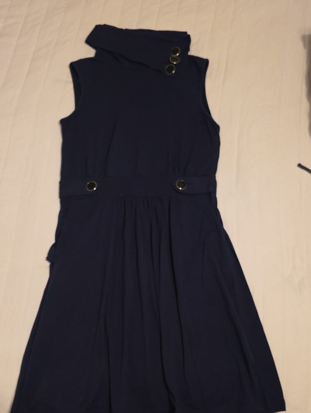 Sleeveless Navy A-Line Dress with Button-Trim Waist With Pockets